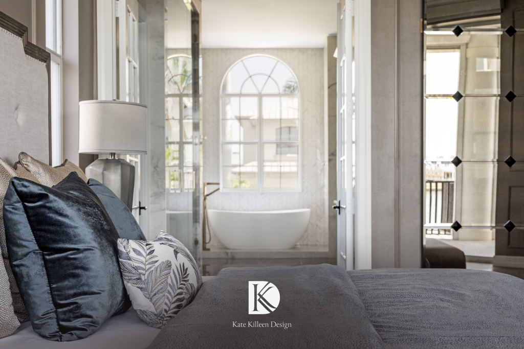 Primary bedroom in Project Vanderbilt, a full service interior design project in Naples, Florida, by Kate Killeen Design